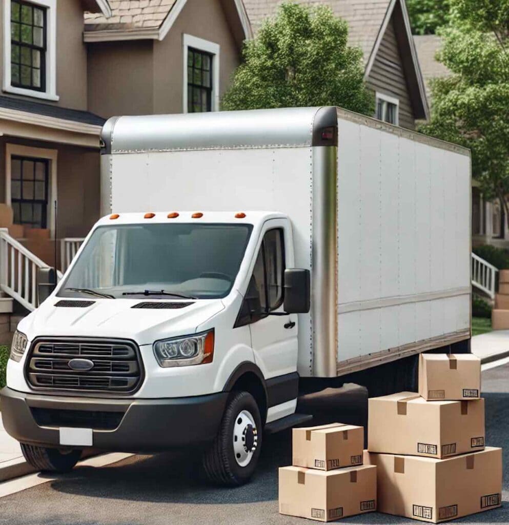 A white moving truck is parked on a residential street, with cardboard boxes stacked nearby. As you prepare for your move, be aware of moving scams to ensure a smooth transition. Don't get hustled while houses and trees frame this scene of change.